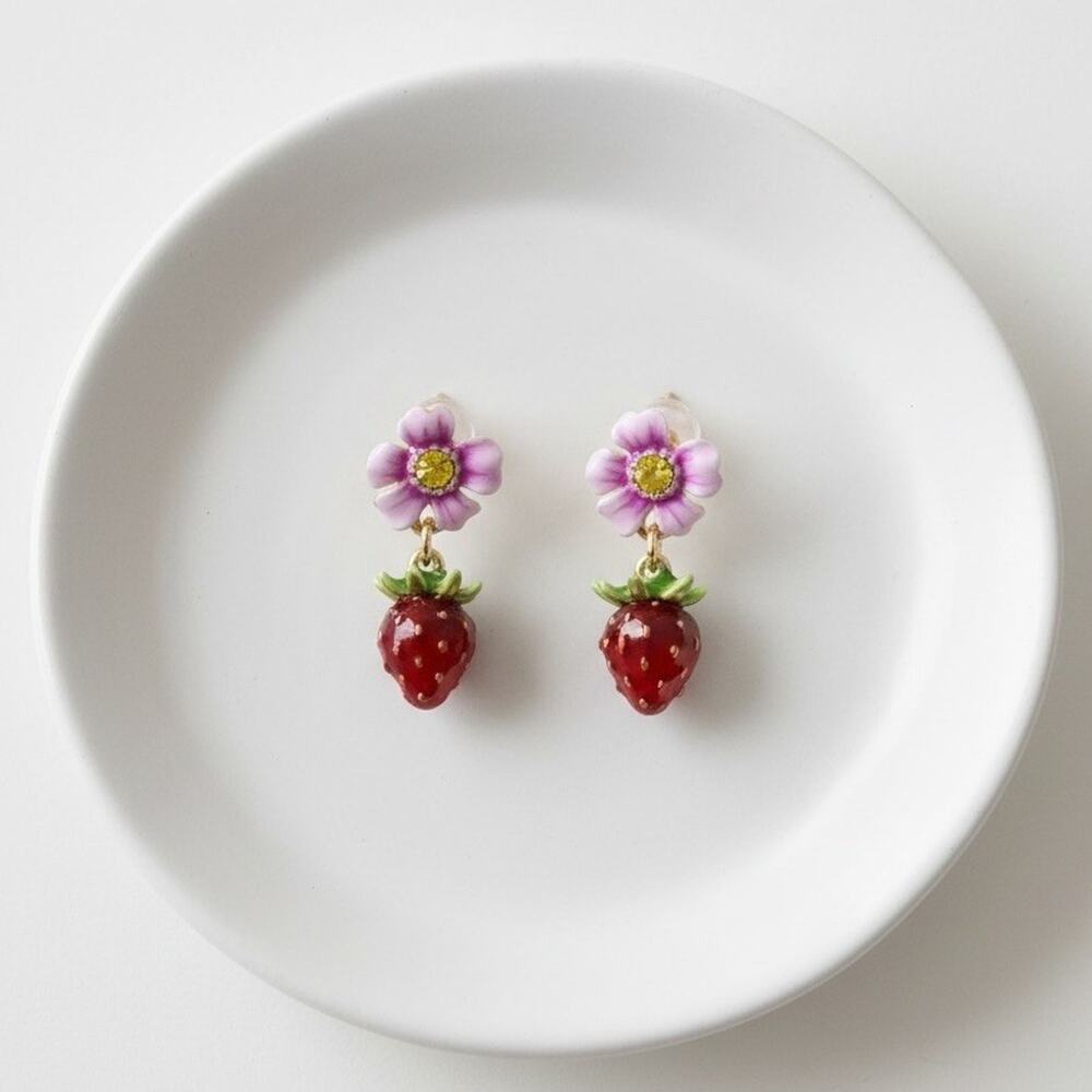 Strawberry Flower Earrings Enamel Stud Gold Blossom French Designer